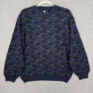 Vtg Y2K Alba Sweater Mens M Grandpa Blue Textured Knit Abstract Italy Oversize